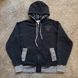 Y2K Lost Black Zip up Plaid Hoodie L